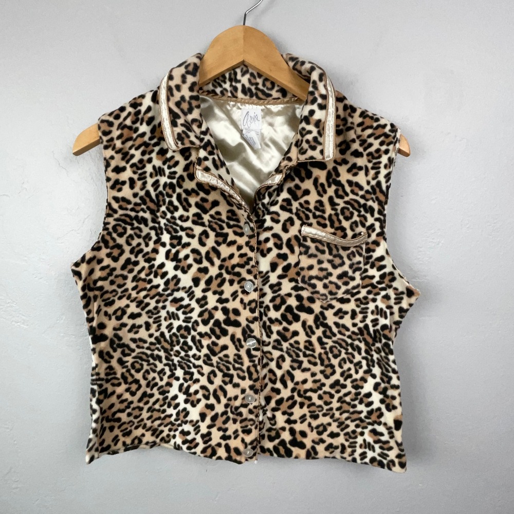 White Stag Vest Women Small Brown Leopard Print Fleece Button Front Y2K Glam